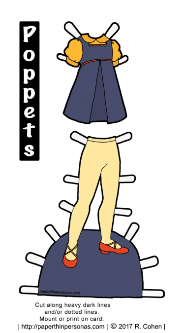 A 1960s inspired vintage paper doll outfit with a jumper over tights. The jumper is smoky blue, the blouse is yellow and the tights are a paler yellow. The jumper is trimmed in orange piping and the shoes are orange to match. Sized to fit the Poppet paper doll series.