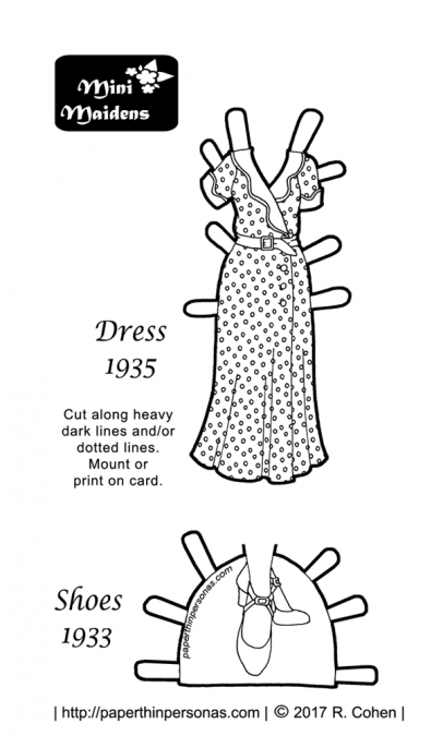 A black and white 1935 paper doll dress coloring page with shoes. Free to print from paperthinpersonas.com.