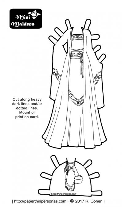 A fantasy paper doll gown influenced by hanfu and the Tang Dynasty in China. A paper doll dress to print and color.