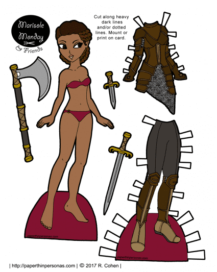 A printable paper doll with brown hair is a braided style. Her armor is chainmail with leather armor over it. She also has leggings and brown leather boots. Her accessories are an axe, a sword and a knife.