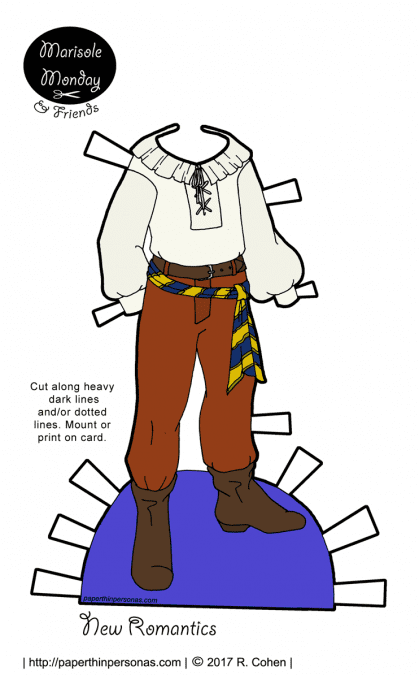 A guy New Romantics paper doll outfit with a poets shirt and several belts from paperthinpersonas.com.