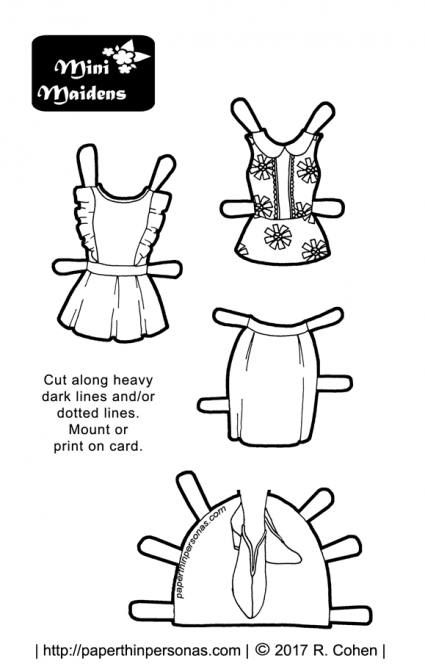 A pair of sleeveless tops and a pencil skirt with booties for a printable paper doll in black and white for coloring. Free from paperthinpersonas.com. 