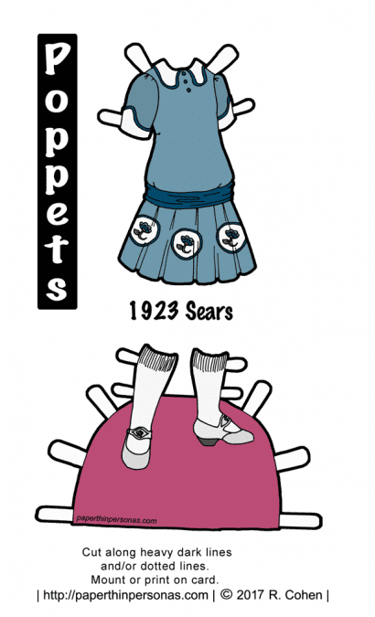 A 1920s doll dress from Sears catalog designed to fit the Poppet's printable paper doll series. The drop waisted blue dress with white medalions around the skirt that feature flowers in the center. The dress has a dark blue sash and white collars and cuffs. White shoes with knee high socks complete the outfit.