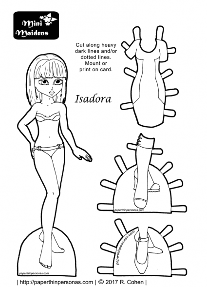 A paper doll to color and print out from paperthinpersonas.com with a dress, contemporary hair cut and two pairs of shoes. Part of the Mini-Maiden series.