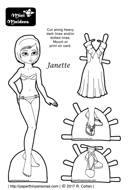 Janette, a black and white paper doll to print and color with a sundress and two pairs of shoes from paperthinpersonas.com.