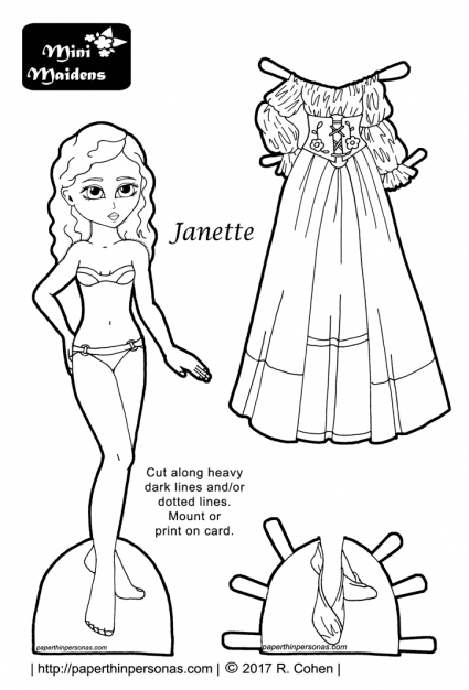 A fairy tale maiden paper doll with wavy hair and a fantasy dress. Free to print and color from paperthinpersonas.com.