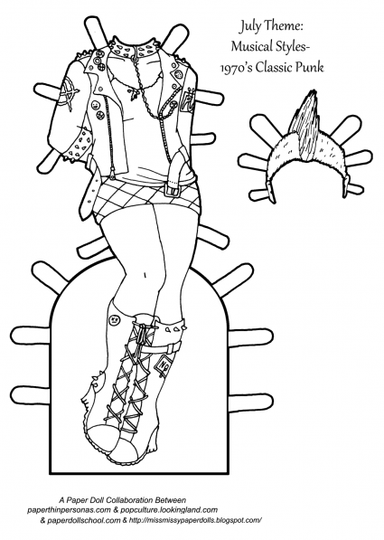 A black and white paper doll outfit coloring page. The outfit is inspired by 1970s punk and consists of a leather biker jacket, torn shirt and mini-skirt. The paper doll's wig is styled into a mohawk. The shoes are a leather knee high boots. 