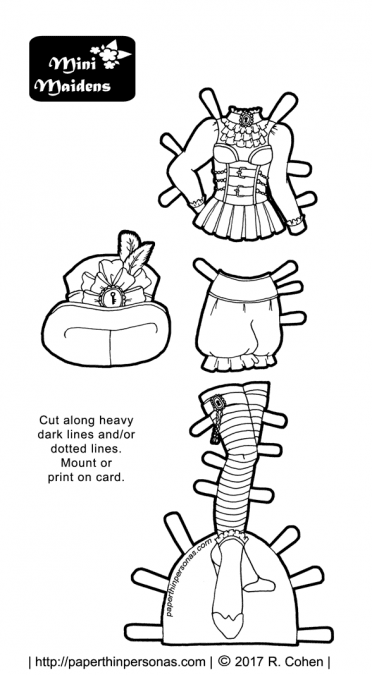 A printable paper doll steampunk coloring page from paperthinpersonas.com. The paper doll outfit can fit any one of the dozens of Mini-Maidens paper dolls