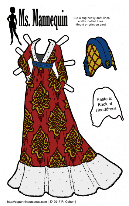A Burgundian gown for a paper doll based on illuminated manuscript illustrations. Along with the gown, there is a headdress based on the designs of the 1450s.