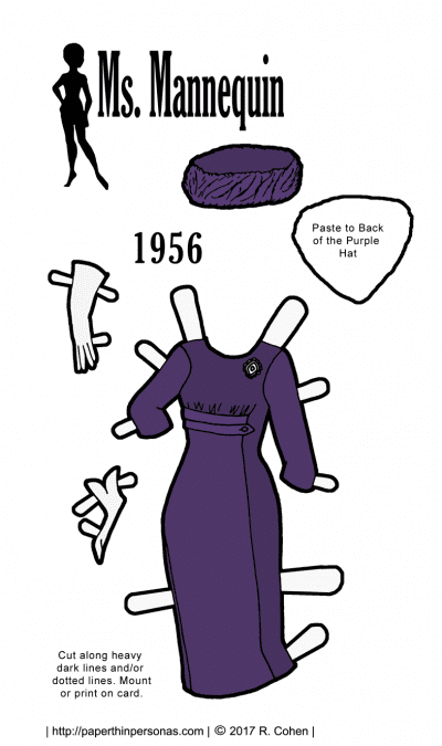 A paper doll dress based on a pattern cover from 1956 for the Ms. Mannequin paper doll series in grape purple. 