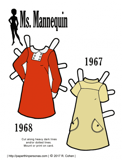 A pair of 1960s vintage paper doll dresses based on sewing pattern covers from 1968 and 1967.