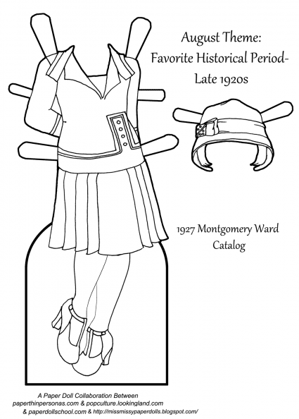 A coloring page of a 1920s dress for a paper doll, based on Montgomery Ward catalog designs from 1927. The dress has a matching hat. Great for homeschooling history classes from paperthinpersonas.com.