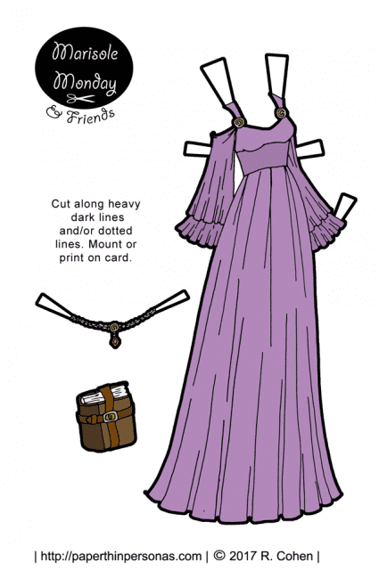A lavender gown with full flared sleeves, a high waist and flowing skirt. To go with the gown, there is a crown and a book. Free to print from paperthinpersonas.com.