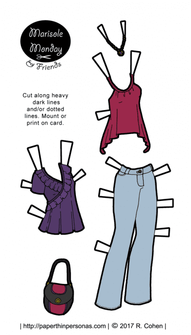 A pair of light colored jeans and two shirts for paper dolls to print.