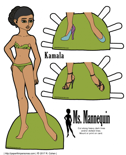 An East Indian paper doll named Kamala with shoes. She's part of the Ms. Mannequin series and can share clothing with any of those paper dolls.