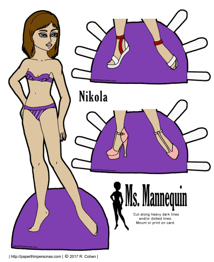 A printable paper doll named Nikola with brown hair, blue eyes and olive skin. She has two pairs of shoes and can wear any of the Ms. Mannequin clothing. 