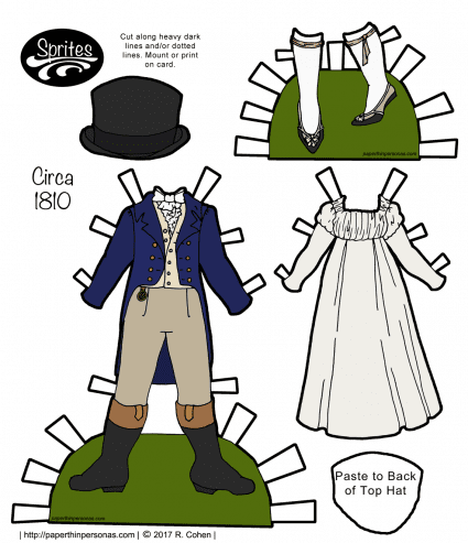 A set of regency paper doll clothing to print from paperthinpersonas.com with a man's suit and a woman's day dress and shoes. The pieces are designed to fit the Sprite paper doll series. 