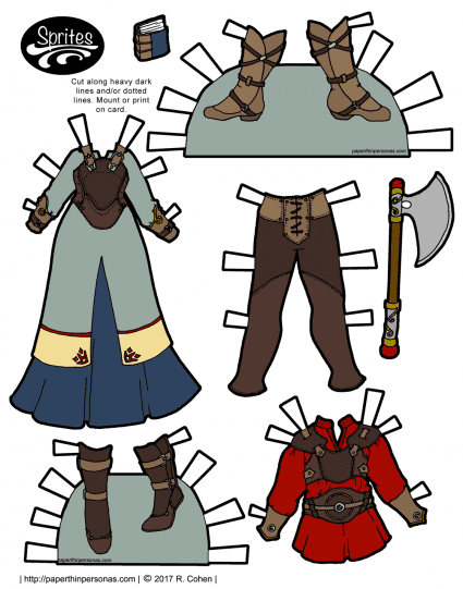 A set of fantasy printable paper doll clothing. There is a dress with a leather breastplate over it for the female Sprite paper dolls. There is also a red tunic under leather armor with leggings and boots for the guy Sprites paper dolls. 