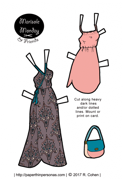 A pair of paper doll sundresses to print, cut out and dress up a printable paper doll in. The dress on the left is warm grey with a teal and pink pattern. The dress on the right is pale pink. There is a coordinating purse as well.