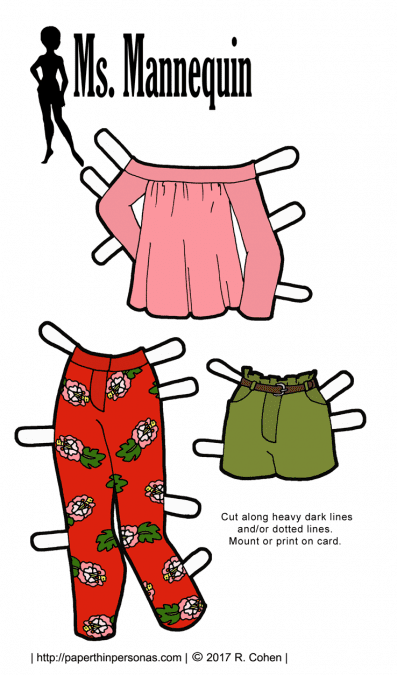 Some super trendy paper doll clothing today! Tropical pants, paper bag shorts and an off the shoulder top. Free to print from paperthinpersonas.com.
