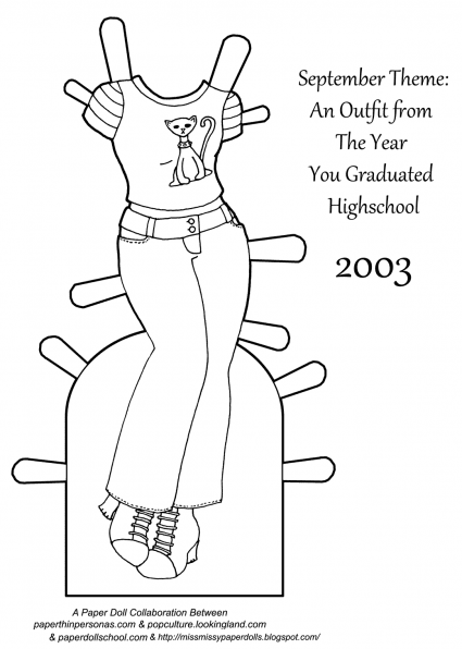 A black and white paper doll outfit coloring page from the year 2003, which was the year I graduated high school. 