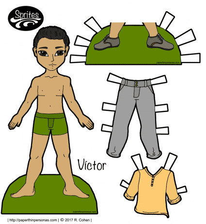 Víctor, a Latino printable paper doll, and a set of contemporary clothing in color. 
