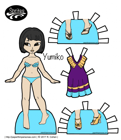 Yumiko, an Asian paper dolls, with a sundress and two pairs of shoes. Free to print and play with from paperthinpersonas.com.