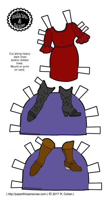 Paper doll clothing for the curvy B&B series with boots and a dress based on contemporary fashions. Free to print from paperthinpersonas.com