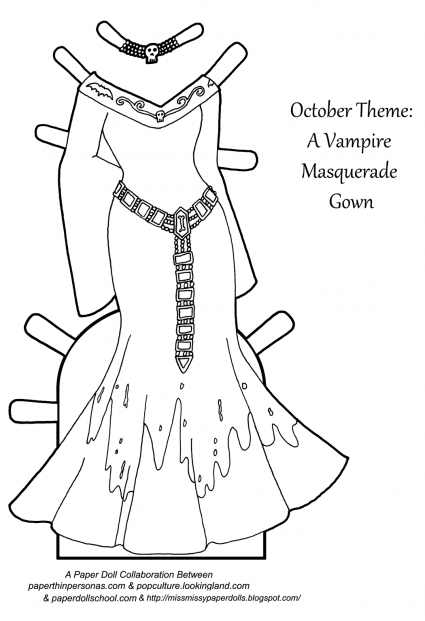 A Halloween inspired vampire masquerade paper doll gown to print and color from paperthinpersonas.com.