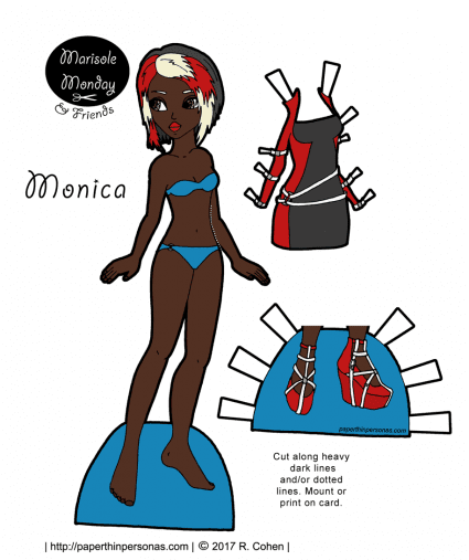 A cyberpunk African-American paper doll with a dress and shoes from paperthinpersonas.com. As part of the Marisole Monday & Friend's series there are hundreds of outfit she can wear.