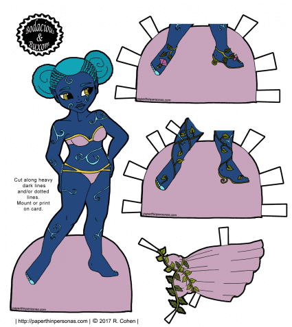 A curvy blue skinned fairy paper doll with afro-puffs, two pairs of shoes and a lavender dress. Free to print from paperthinpersonas.com. 