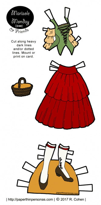 A paper doll fantasy dress with a corset top and full skirt. Matching shoes with white stockings from paperthinpersonas.com. Free to print in color or black and white.
