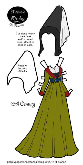 A 15th century dress for a paper doll with a headdress based on manuscript illustrations to print and play with from paperthinpersonas.com