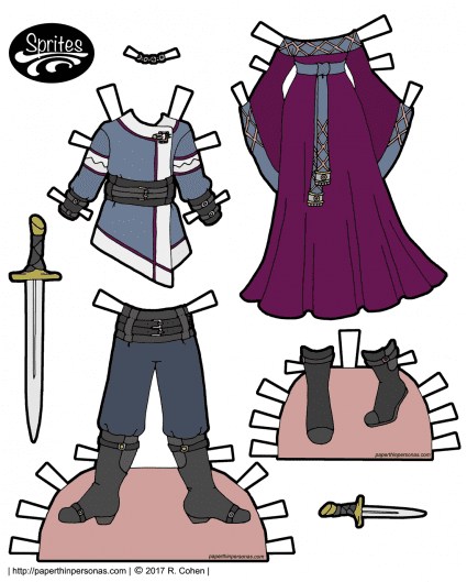 A set of medieval inspired fantasy clothing for the Sprites printable paper dolls. The guy paper doll outfit is a long sleeved tunic and trousers tucked into boots. The lady Sprite outfit is a bell sleeved dress with a belt and trim. Accessories include a sword, dagger and necklace. 
