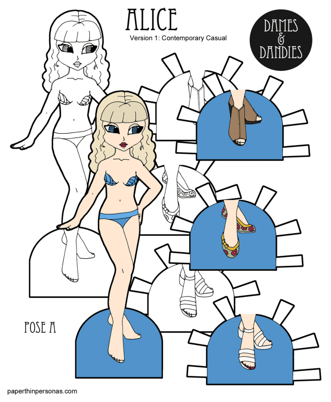 A blond paper doll with three pairs of shoes. Free to print from paperthinpersonas.com.