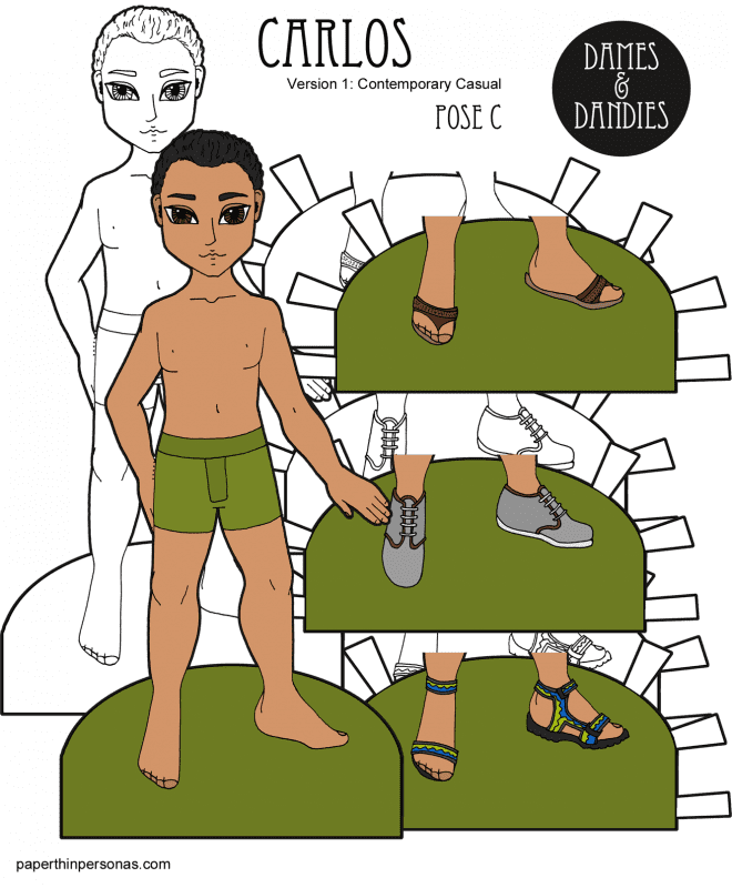 A male Latino paper doll named Carlos with three pairs of shoes. Free to print in color or black and white. 