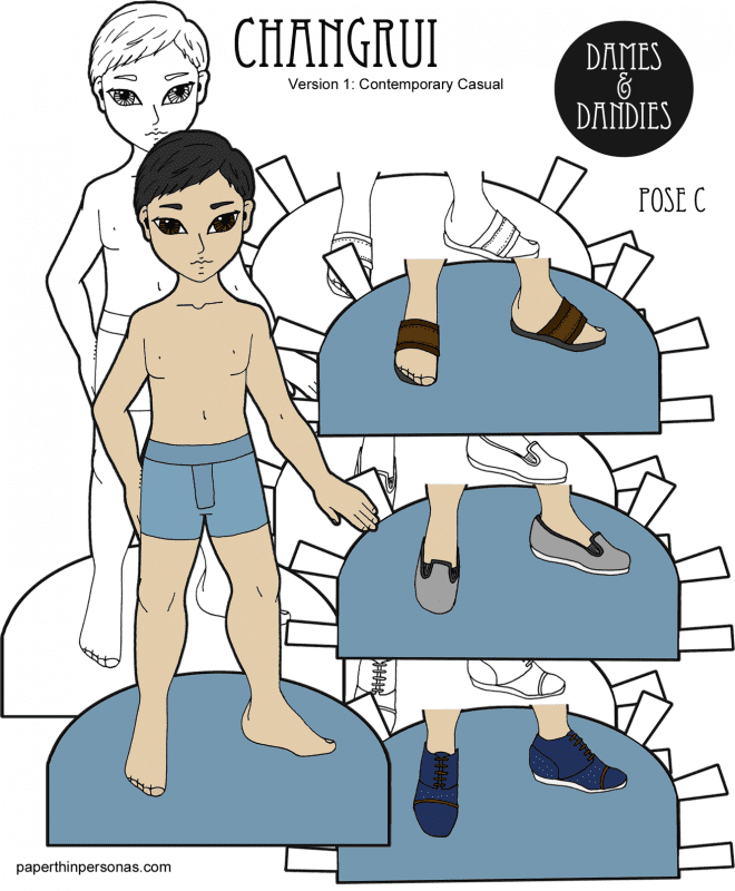 One of the Pose C paper doll men, Changrui is an Asian paper doll with three pairs of shoes. Free to print from paperthinpersonas.com. 