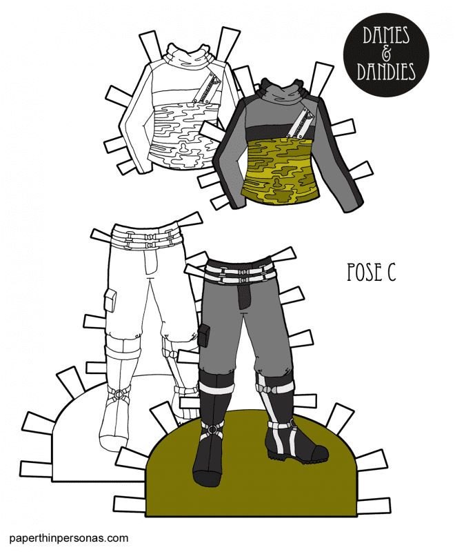 A set of sci-fi paper doll clothing with boots and and jacket. Free to print in color and black and white from paperthinpersonas.com. 