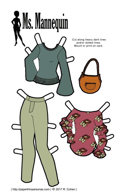 Trendy paper doll clothing to print for free for the Ms. Mannequinn paper dolls. A sweater, a pair of pants, and a floral blouse, plus a matching purse. 