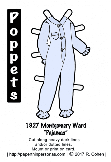 A pair of 1920's pajamas based on designs sold by the Montgomery Ward department store in 1927 for the Poppets printable paper dolls from paperthinpersonas.com in color.