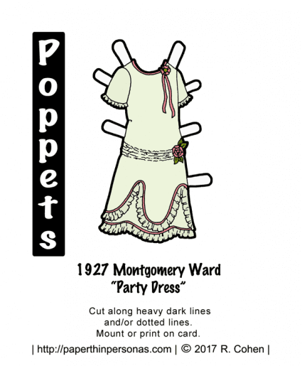 A printable paper doll party dress from 1927. The dress is trimmed in ribbons and roses.