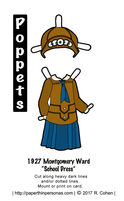 A printable 1927 paper doll dress with matching hat from paperthinpersonas.com. The dress is a "school dress" with a blouse and matching pleated skirt. The hat is a cloche with contrast trim.