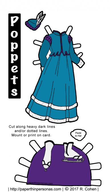 A fantasy princess ice skating paper doll dress for the Poppet's printable paper dolls from paperthinpersonas.com. Print it in color for free.