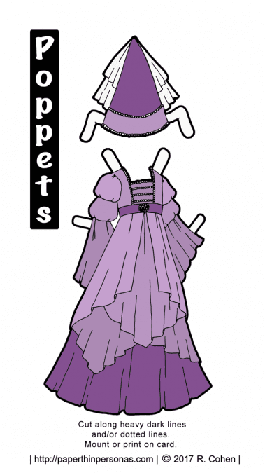A purple princess paper doll dress with matching headdress from paperthinpersonas.com.