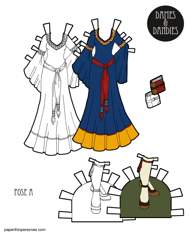 A fantasy gown design for the Dames and Dandies printable paper doll series from Paperthinpersonas.com. Free to print in color or black and white. 