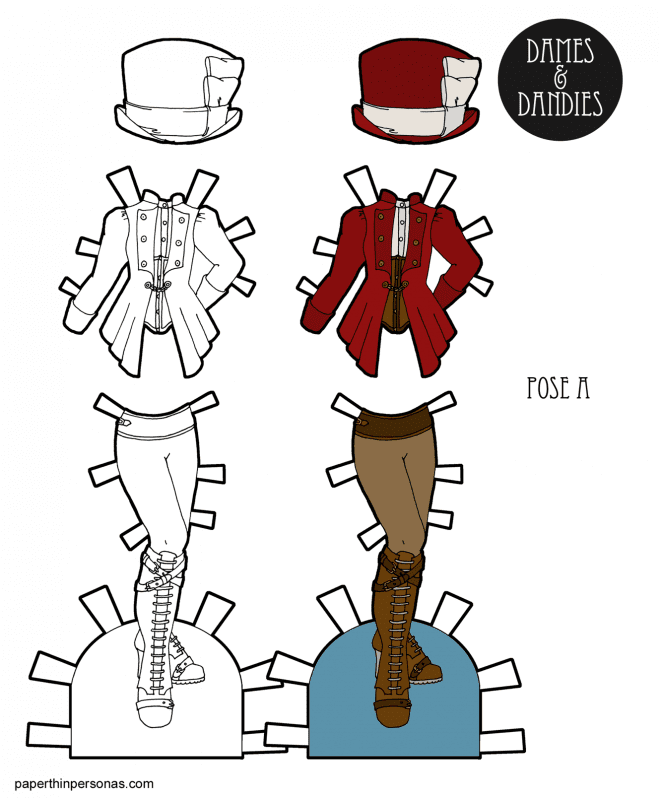 Steampunk paper doll clothing! A top hat, jacket over corset and a pair of leggings with boots. Free to print in color or black and white from paperthinpersonas.com. 