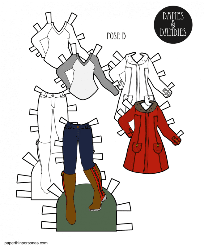 A warm winter coat for the paper dolls with jeans and boots. Free to print in color or black and white. 