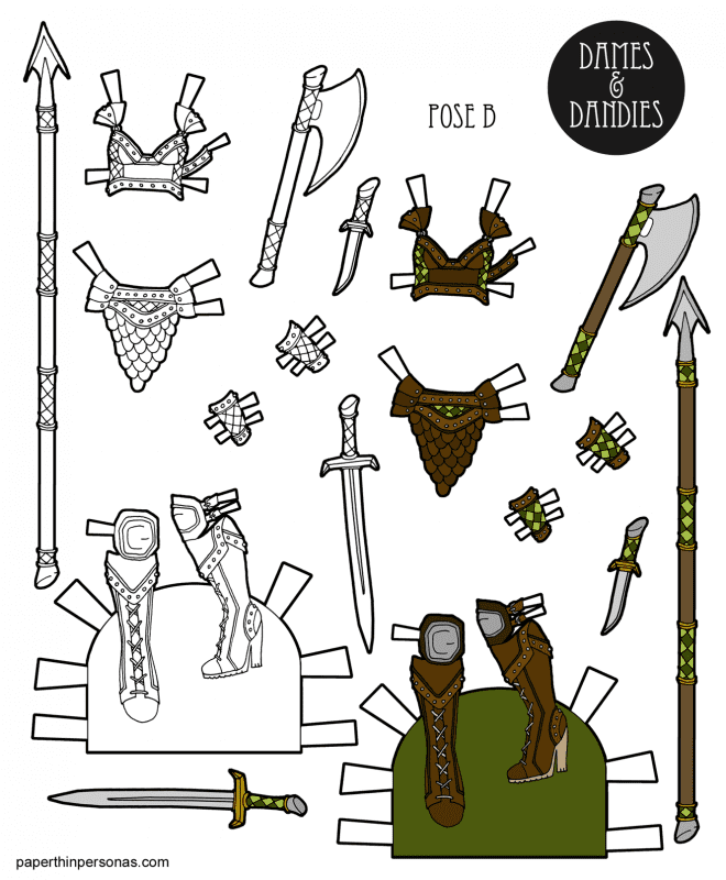 Pulpy ladies fantasy armor designed for the free printable paper dolls- Dames and Dandies from paperthinpersonas.com.