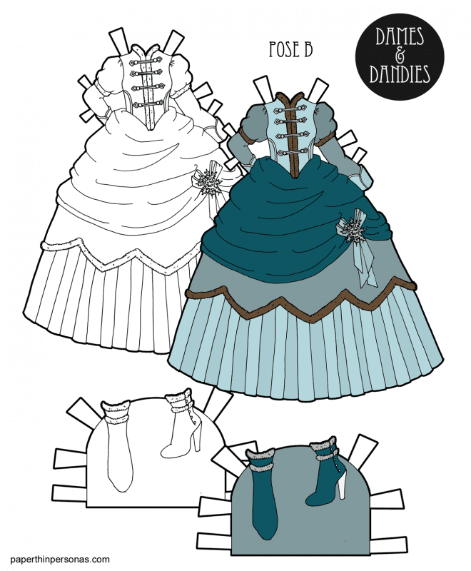 A fantasy winter princess dress designed to fit the B Pose printable paper dolls from paperthinpersonas.com. Free to print in color or black and white. 