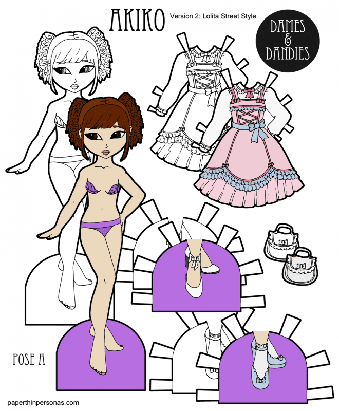 A Sweet Lolita paper doll with a ruffled dress, purse and two pairs of shoes in color or black and white for coloring. Free from paperthinpersonas.com.